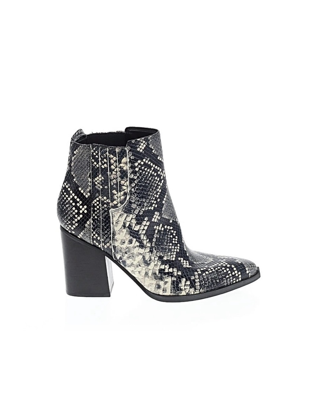 Marc Fisher Oshay Black and White Snake-Print Block Heel Pointed Toe Bootie Boot